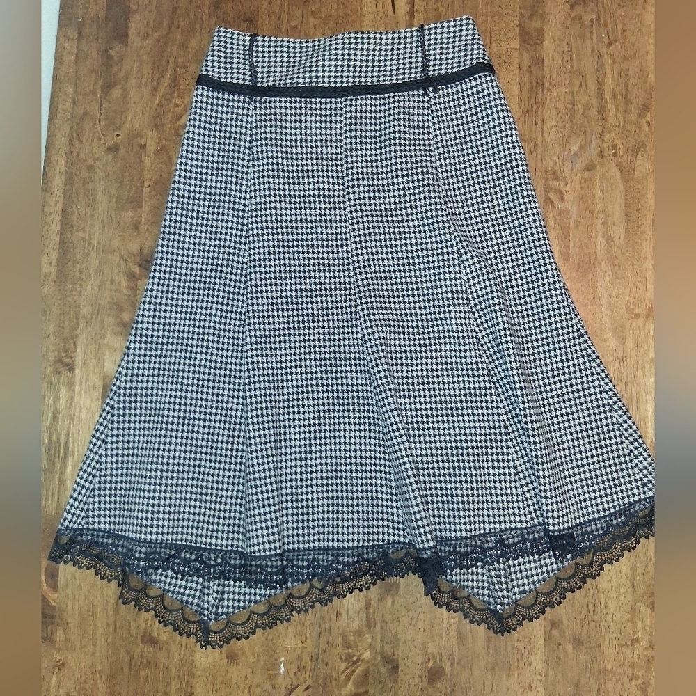 David N 100% Wool Midi Skirt Houndstooth Lace Trim Vintage 6
